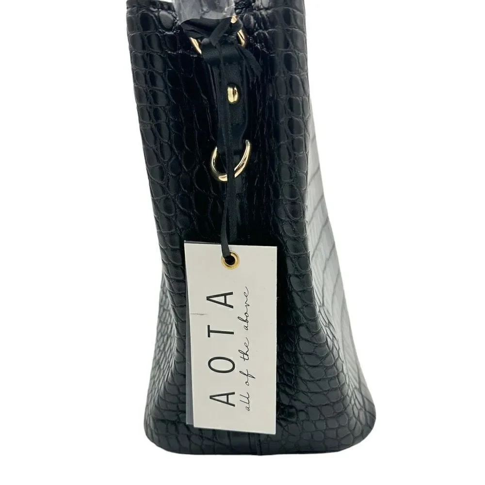 AOTA Croc-Embossed Vegan‎ Leather Bucket Bag with Tassel Charm Black